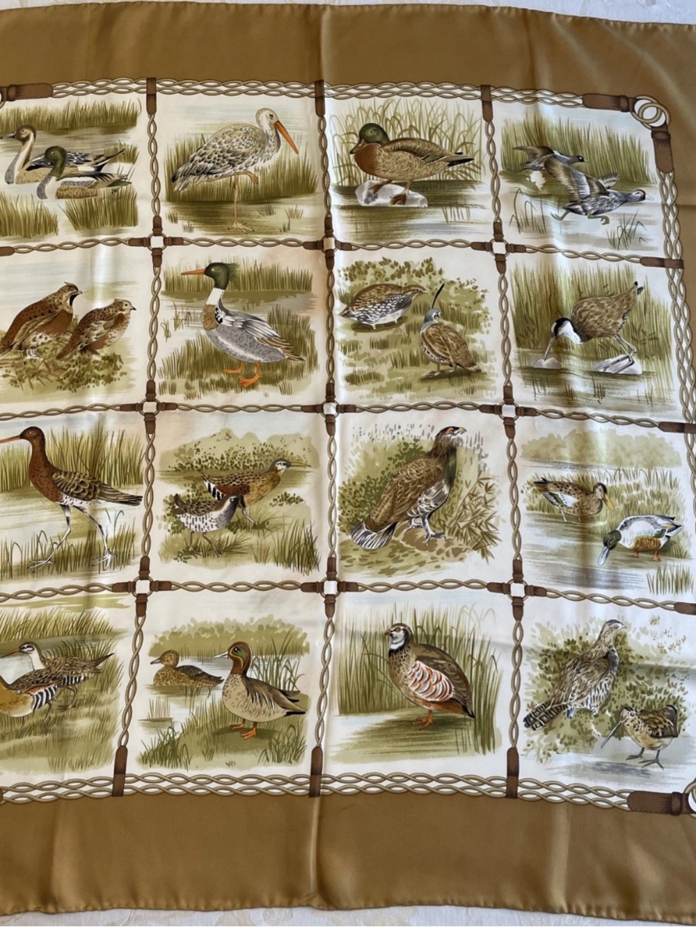 J. McLaughlin Deep Gold Luxury Silk Scarf Interlock Birds Hand Rolled Edge 34”Sq